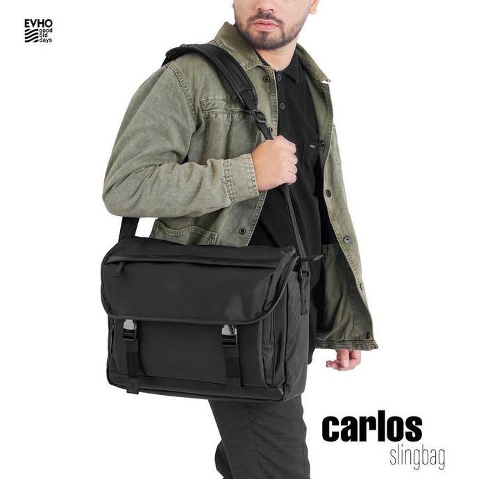 TERMURAH - Evho - CARLOS Black Slingbag muat Laptop 14 inch I Messenger Bag Pria