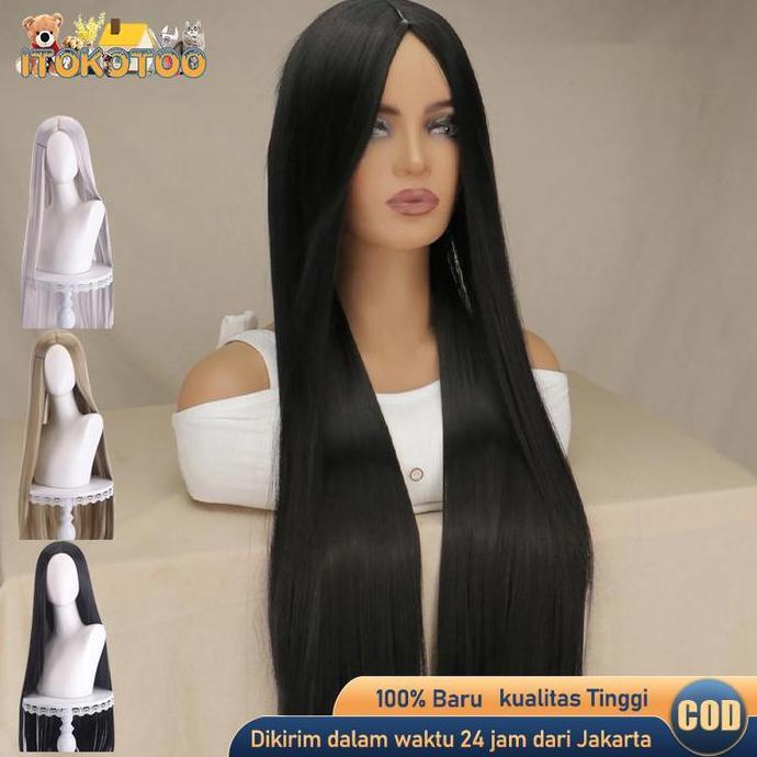 AQZEVUN Wig Rambut Panjang Wanita Tanpa Poni Hitam Versatile Wig Universal 100cm
