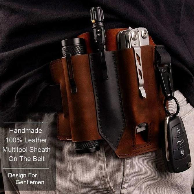 Sabuk Holster Kulit Taktikal Multifungsi Tas Pinggang Penyimpanan Kantong Saku Sarung Pena Pisau Sen
