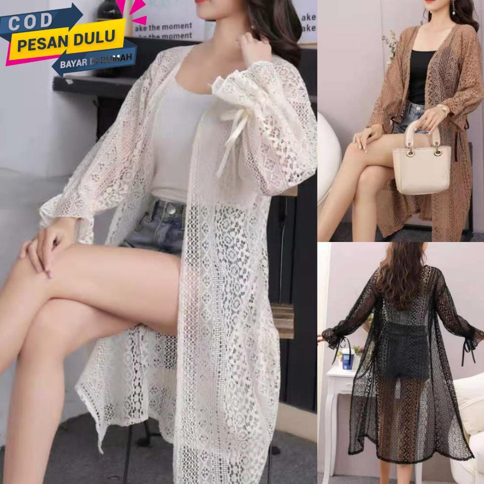 Long Outer Cardigan Putih korean style Jumbo Lengan Panjang Pita / Busana pantai