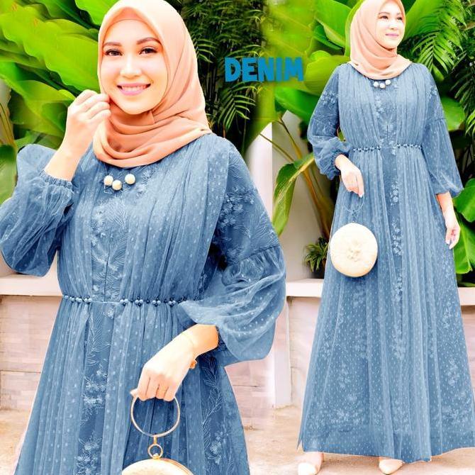 Gamis Salina Tile Mutiara Busui Dress dengan Tangan Wudhu Friendly dan Aksesoris Mutiara di Pinggang