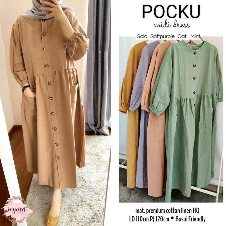 Midi Dress Polos Katun Linen Rami Premium Pocku Midi Dress Katun Linen