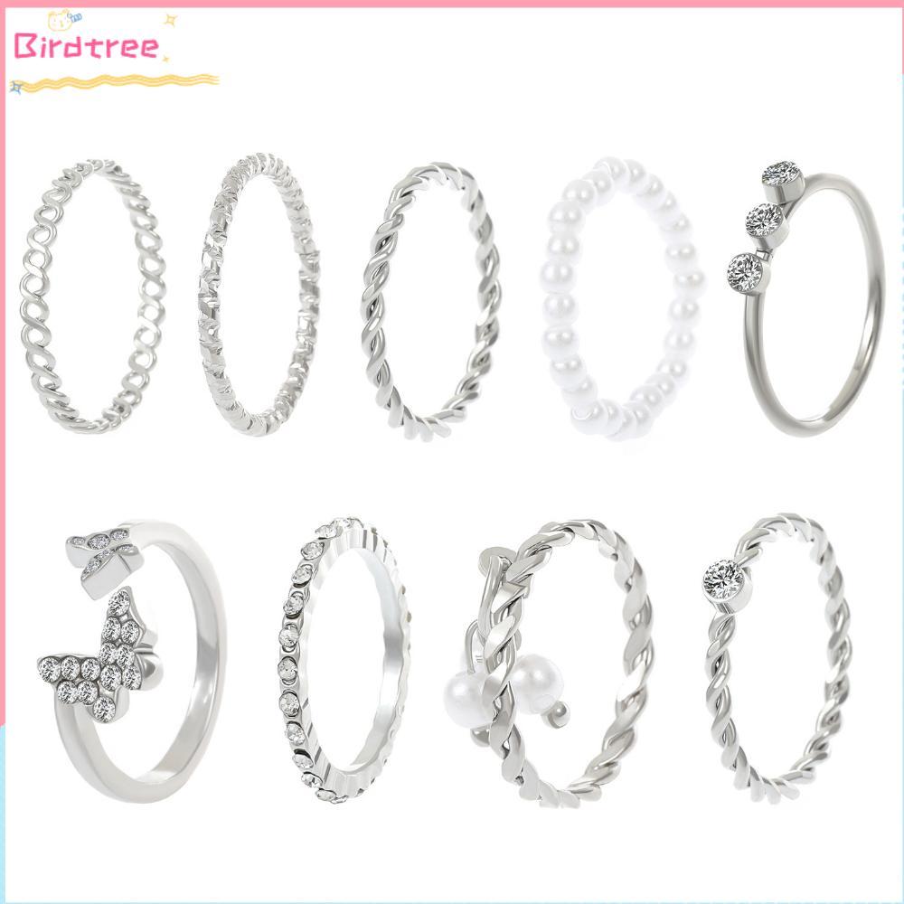 READY STOCK COD 9 PCS Cincin Set Korea Fashion Mewah Mutiara Kristal Kupu-kupu Berlian Tipis Berongg