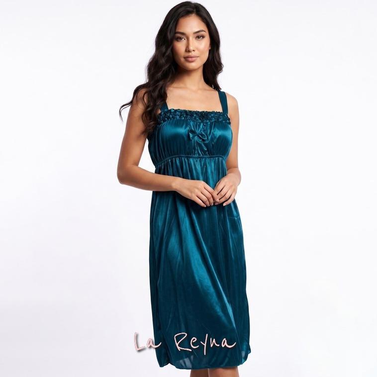 Lareyna Daster Silk Teal Blue Gaun Tidur Malam Satin Kerut Dada Mewah LG981