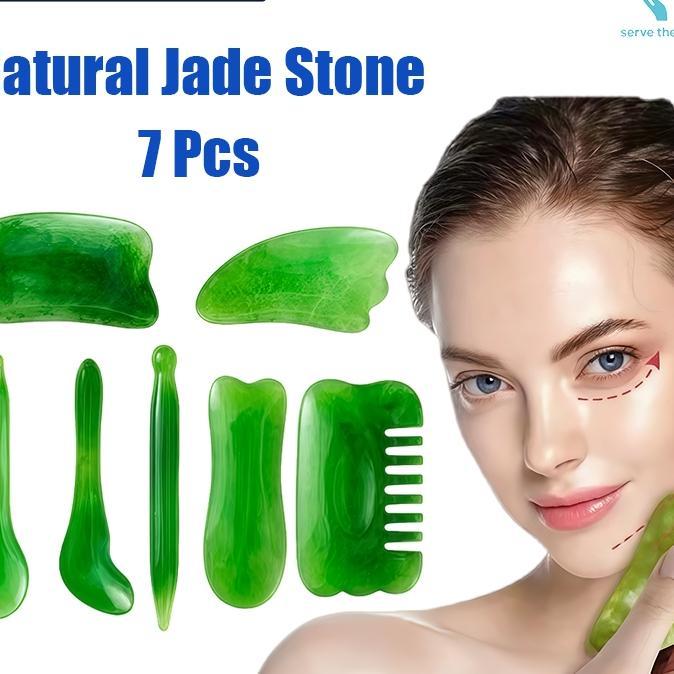 7Pcs Alat Pijat Wajah Gua Sha Gua Sha Board Batu Jade Giok Asli Alami Massage Massager Stone