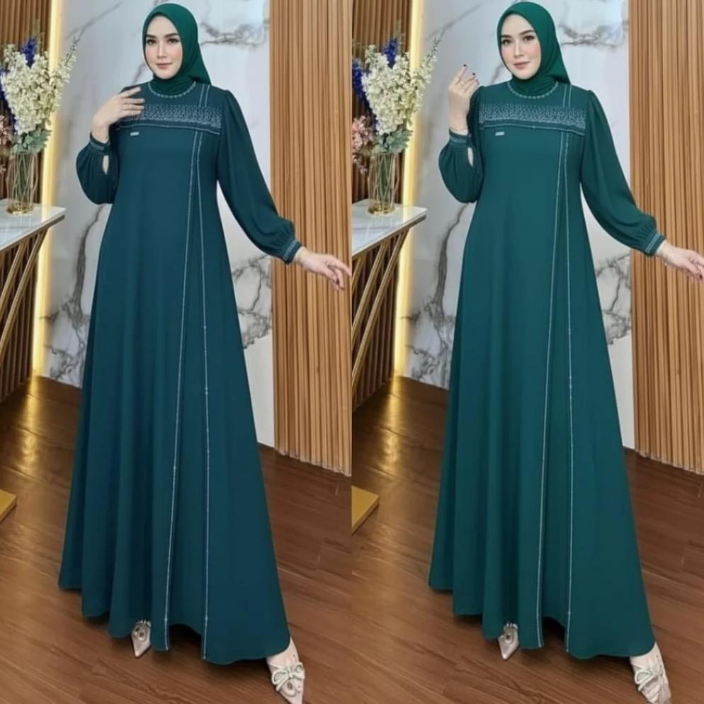 Gamis Wanita Abaya Turkey Terbaru 2026 Emerald Blue Aylin Dress Aplikasi Payet Swaroski Premium