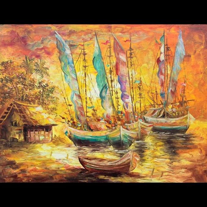 Lukisan Nelayan Senja Laut Abstrak Timbul Kanvas