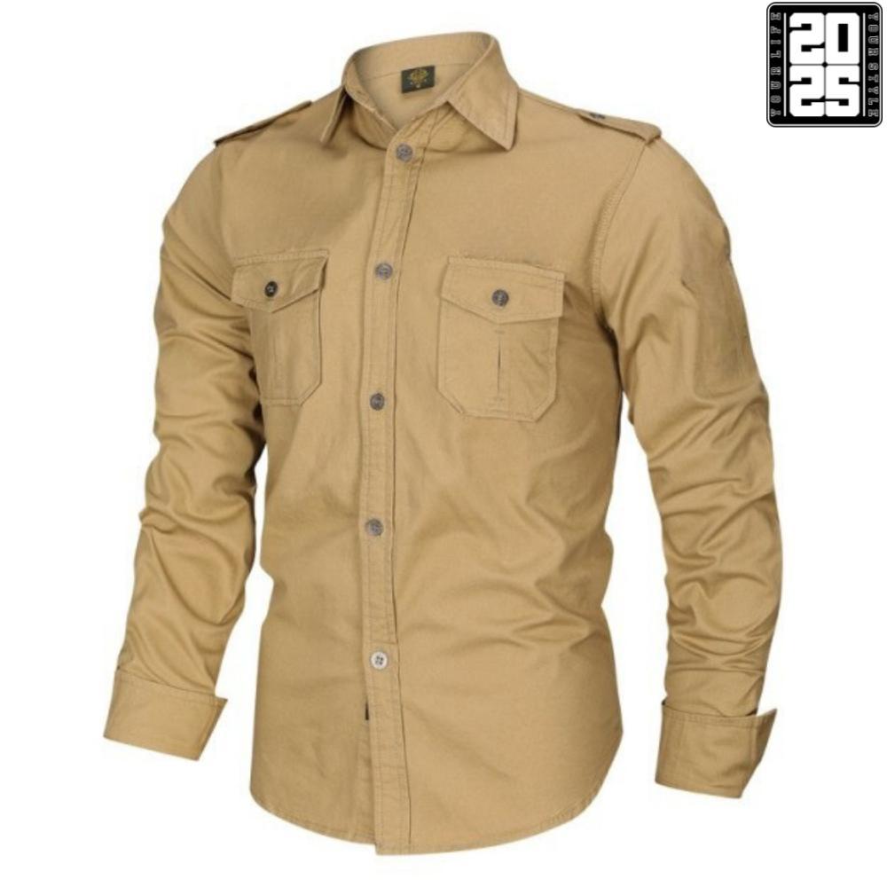 Murah Kemeja Tactical Pria Cream Lengan Panjang / Kemeja Pria Lengan Panjang / Kemeja Tactical Pria 