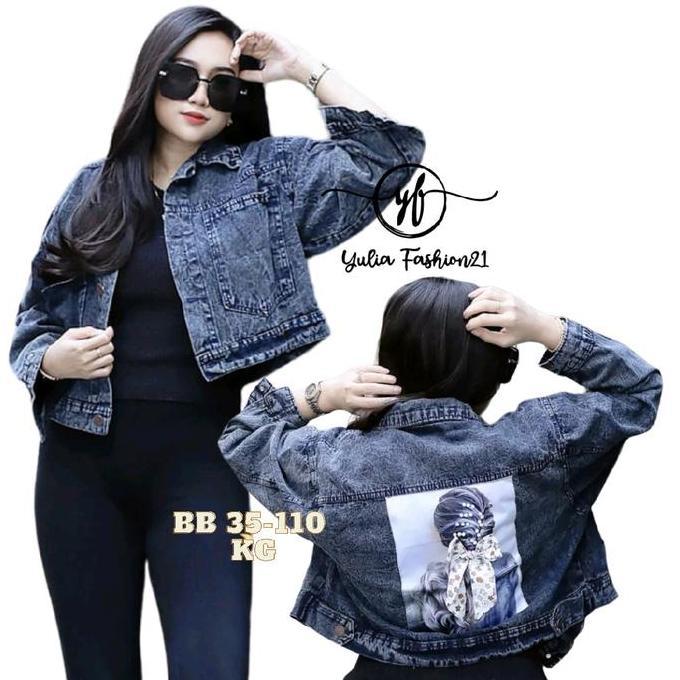 HARGA PRODUK Jaket Jeans Wanita Crop Top Variasi Pita Belakang Premium Tebal - Snow Hitam Snoww Biru