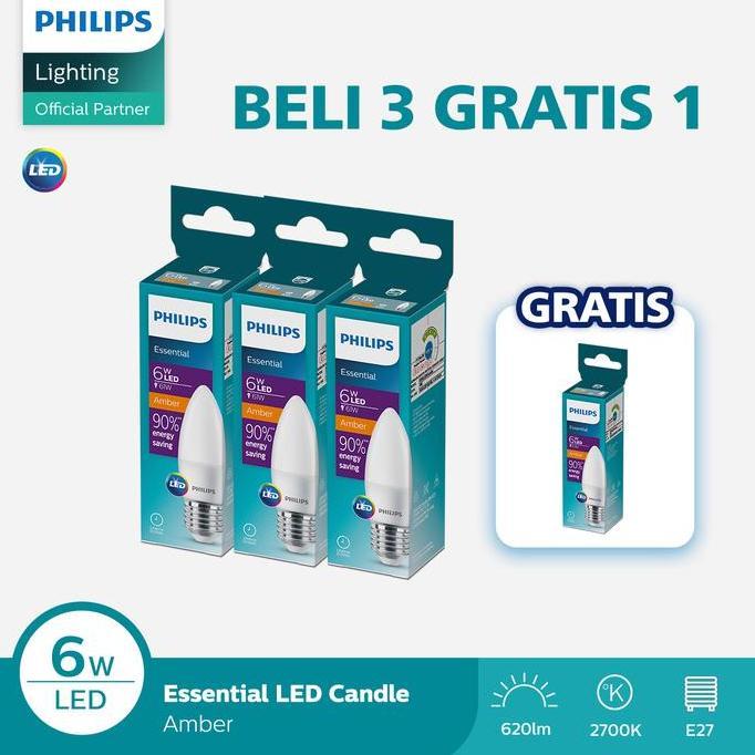 Paket Lampu Philips Beli 3 Dapat 4  Lampu Philips Bohlam ESS LED Candle  6W E27 2700K Kuning .