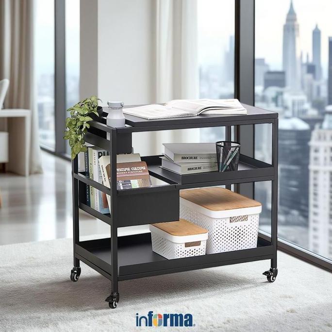 Informa Wilton Rak Penyimpanan 3 Tingkat - Hitam Troli Saji Rak Roda Meja Buku