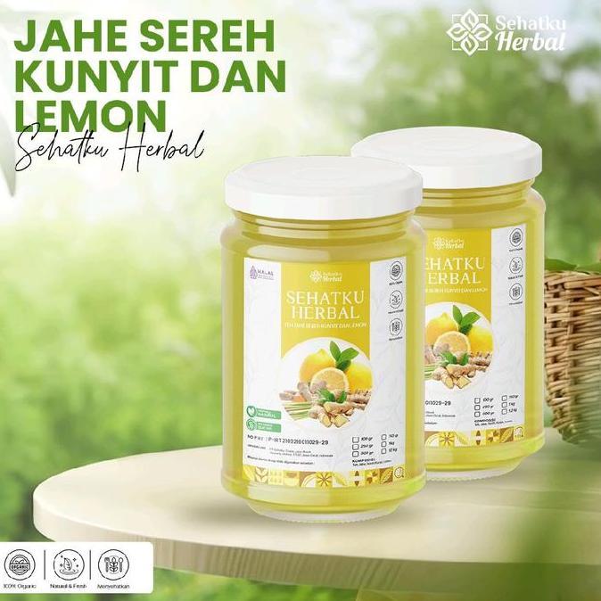 Sehatkuherbal Teh Jahe Sereh Kunyit Dan Lemon kemasan Botol Jar isi 1 kg Minuman Instan Serbuk rimpa