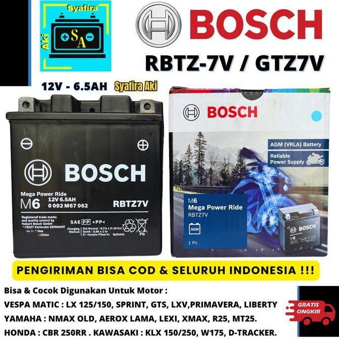 AKI MOTOR VESPA SPRINT, R25, VESPA S 125, W175, NMAX OLD, LEXI RBTZ7V/GTZ7V BOSCH 6,5AH TERBARU