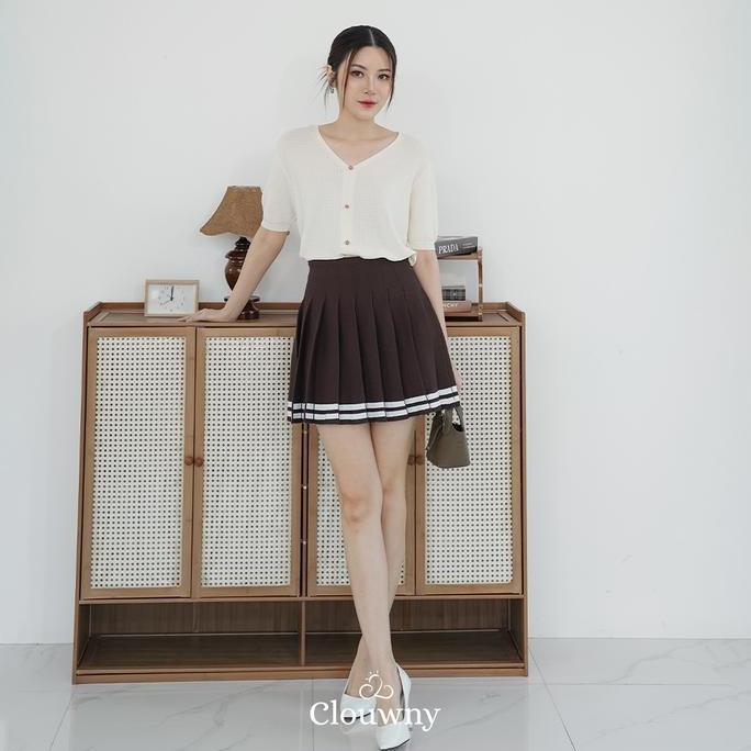 Clouwny Stripes Tennis Skirt Rok Wanita Korea Modern Korean Premium Knitt Pendek Pink Mini Panjang r
