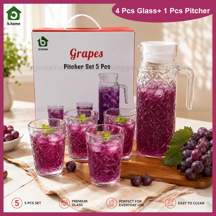 Pitcher Set Kaca Grapes/4Pcs Gelas + 1 Pcs Teko/Pitcher Set Minuman/Pitcher Kaca/Pitcher Minuman Sir