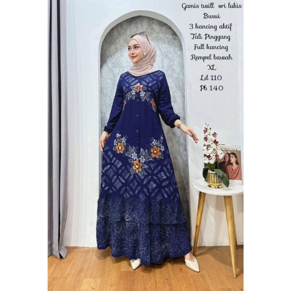 flash sale gamis twill ori full kancing rempel adem fit xl || gamis wanita motif lukis kawung busui 