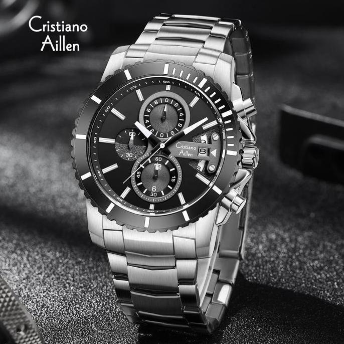 Orologi- Cristiano Aillen Jam Tangan Pria Analog 8898 Rantai Stainless Steel Chronograph Kaca Sapphi