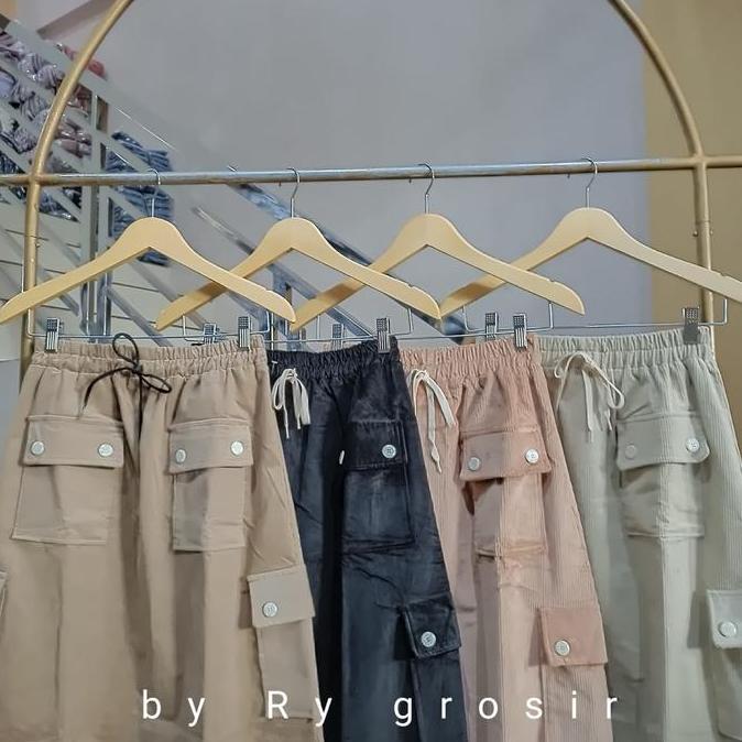 New- Rok Wanita Corduroy Kargo Serut Polos Dewasa Panjang