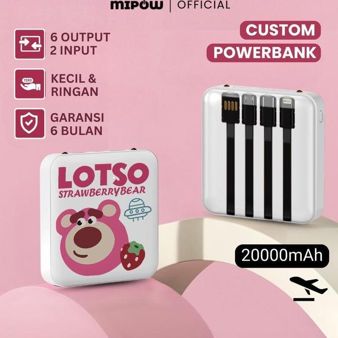 MIPOW Custom Powerbank 20000mah Kustom Power Bank Mini LED dengan Kabel Data Lightning Type C Micro 
