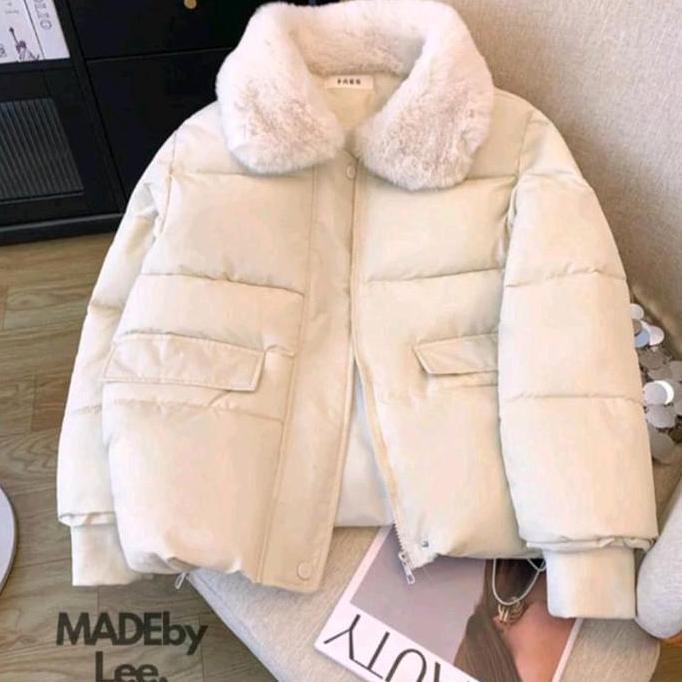 OOTD jaket gelembung  Wanita kerah bulu Winter Cream OOTD