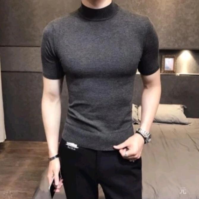 New- Kaos Turtleneck Pria Lengan Pendek Polos Katun Santai Hitam Putih Polos Crew Neck V Neck Baju M