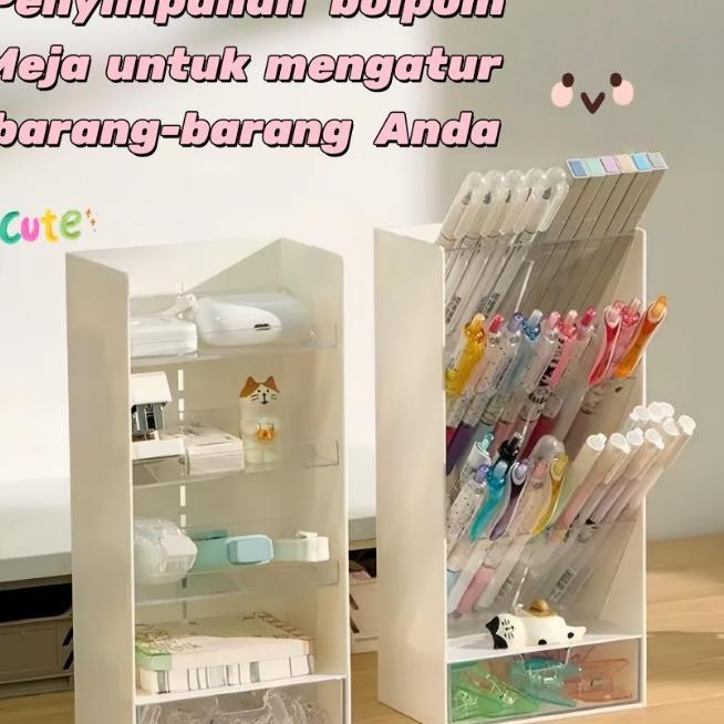 Rak Pensil Transparan Serbaguna 5 Sekat Penholder/Stationery Organizer/Rak Serbaguna/Rak Make Up Ski