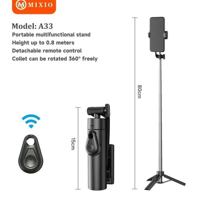 MIXIO A33 80CM Tongsis Bluetooth Selfie Stick Tripod Super Mini