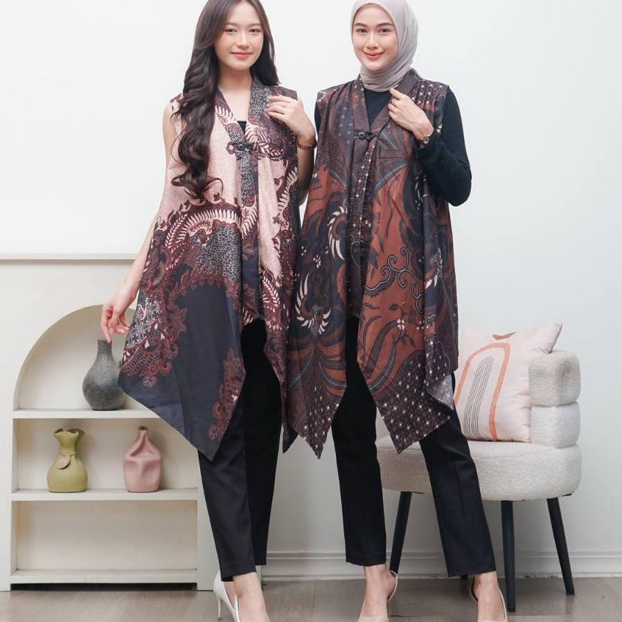Debbystore - Dahlia Vest Long Outer Tanpa Lengan Batik Poli  Rompi Panjang Cardigan Wanita Kondangan