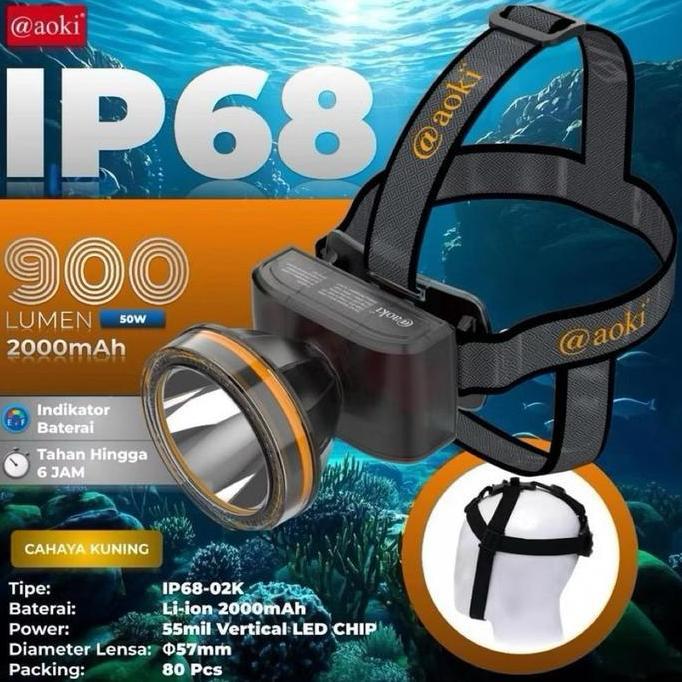 Aoki Lampu Kepala IP68-01A & IP68-02K 900 Lumen 2000mAh Baterai Li-ion Cahaya Putih Diameter Lensa 5