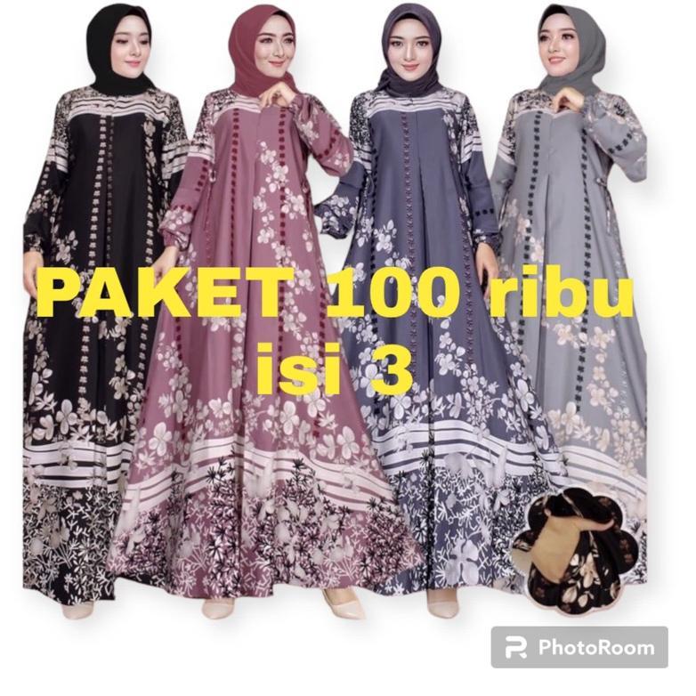 PAKET 100 ribu isi 3 gamis selena premium lengan kerut