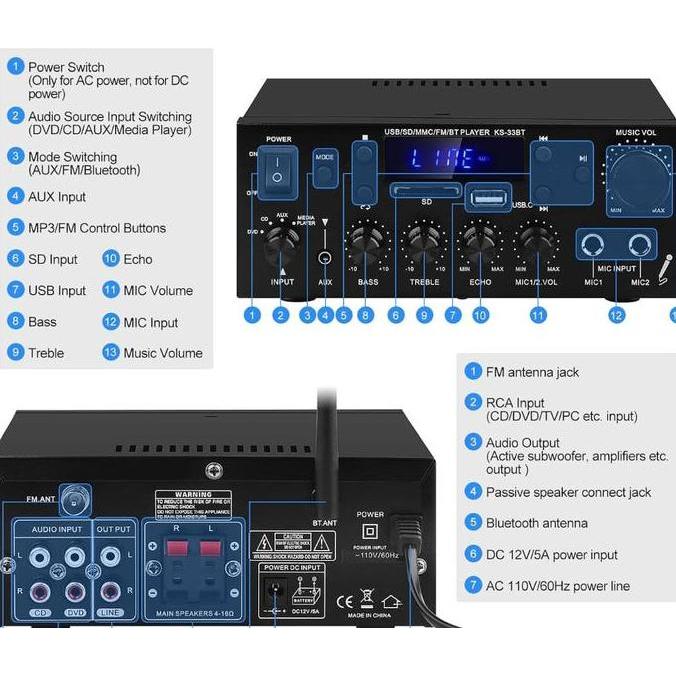 Voce- Amplifier Bluetooth Eq Audio Amplifier Home Theater Fm 1000W-Ks-33Bt