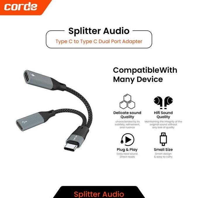 Trikon- Corde Type C Audio Splitter & 60W Charger: Dual Type C Csa103