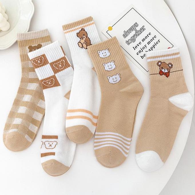 FADHANAKO Kaos Kaki Panjang 6920 Motif Bear Cream Cute Unisex 100% Cotton Lembut Elastis Nyaman Digu