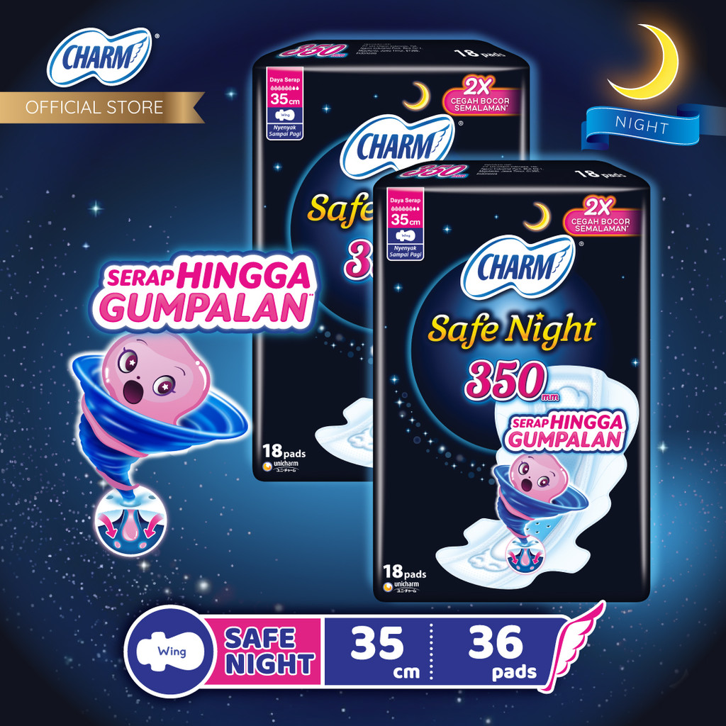 Charm Pembalut Safe Night 35cm Wing 18 pads - 2 Packs