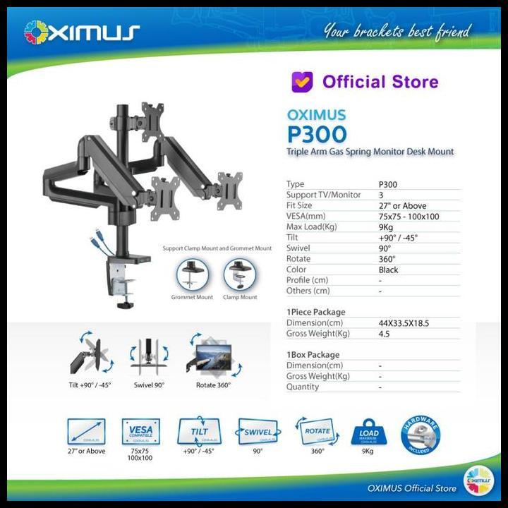 Bracket Monitor Gas Spring Oximus P300 Usb | Triple Monitor Lcd Led Best Seller