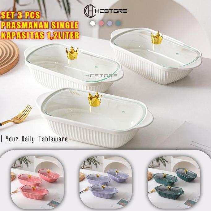 Enau- Hc [ Set Isi 3 ] Prasmanan Keramik Tutup Kaca Crown Tempat Lauk Keramik Piring Saji Piring Lau