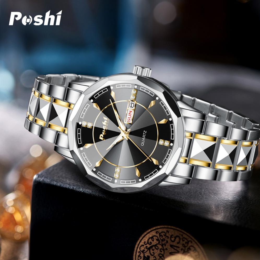 GARANSI POSHI Jam Tangan Pria Bisnis Anti Air Kuarsa Jam Pria Calendar Tali Stainless Steel PS983 Wa