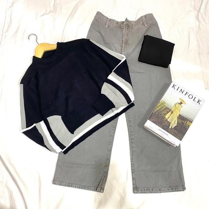 LIFESTYLE GREY SET (sweater rajut+kulot jeans wash+bella square) LIFESTYLE