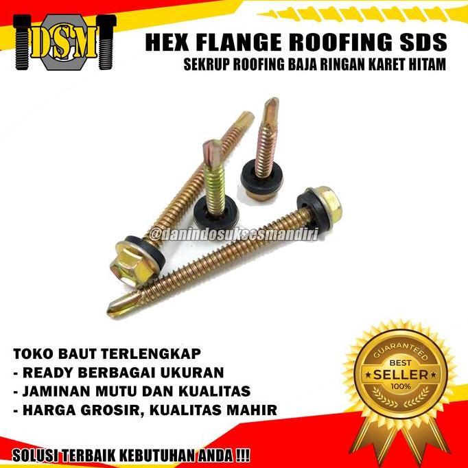 (50 Pcs) Sekrup Roofing Kuning #12X75 / Hex Flange Drilling Screw M5X75 / Baut Baja Ringan 7,5 Cm