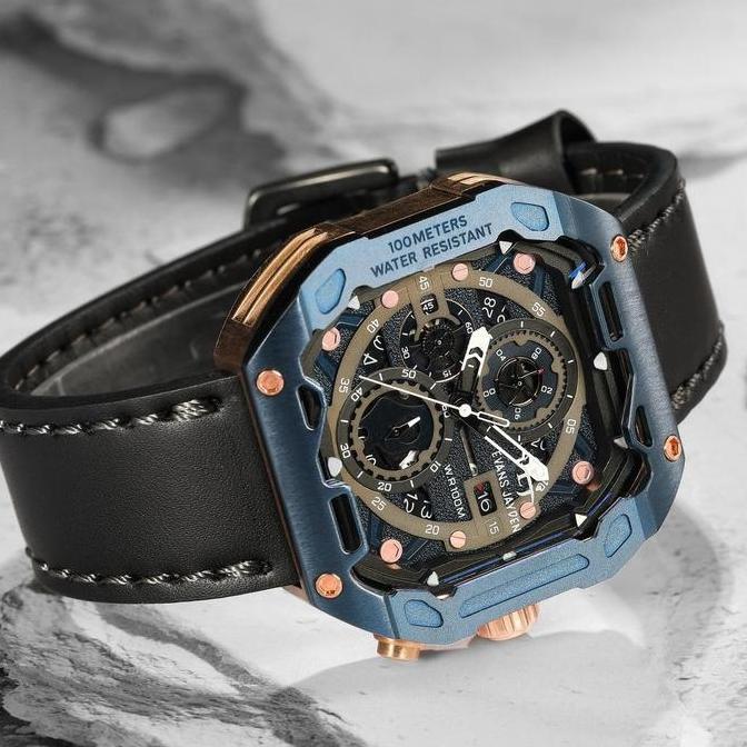 Clock- Evans Jayden Jam Tangan Pria 9596 Kulit Kaca Sapphire Chronograph Ter Resistant 10 Atm Stainl