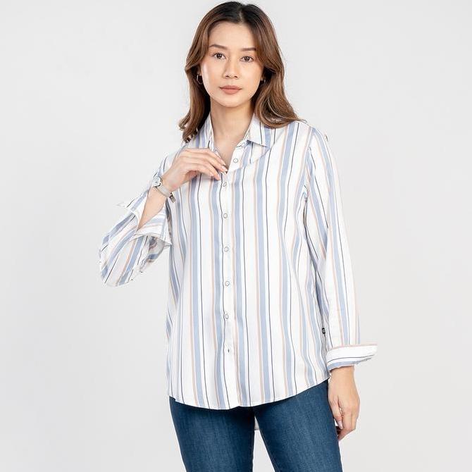 C2 Erlona Blue Kemeja Casual Wanita Lengan Panjang Motif Garis
