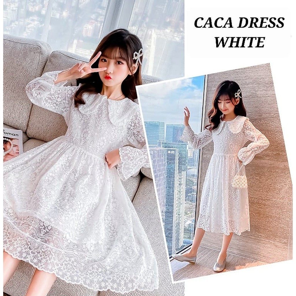 CACA DRESS WHITE GAUN PUTIH ANAK CEWEK KOREA IMPORT DRES KOMUNI ELEGAN