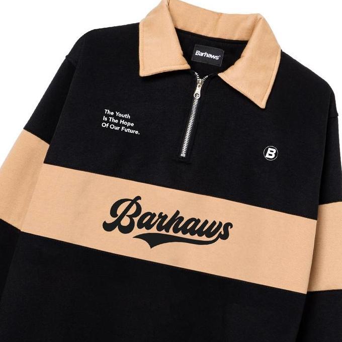 BARHAWS - Sweater Half Zipper Rugby Hitam Kombinasi Coklat