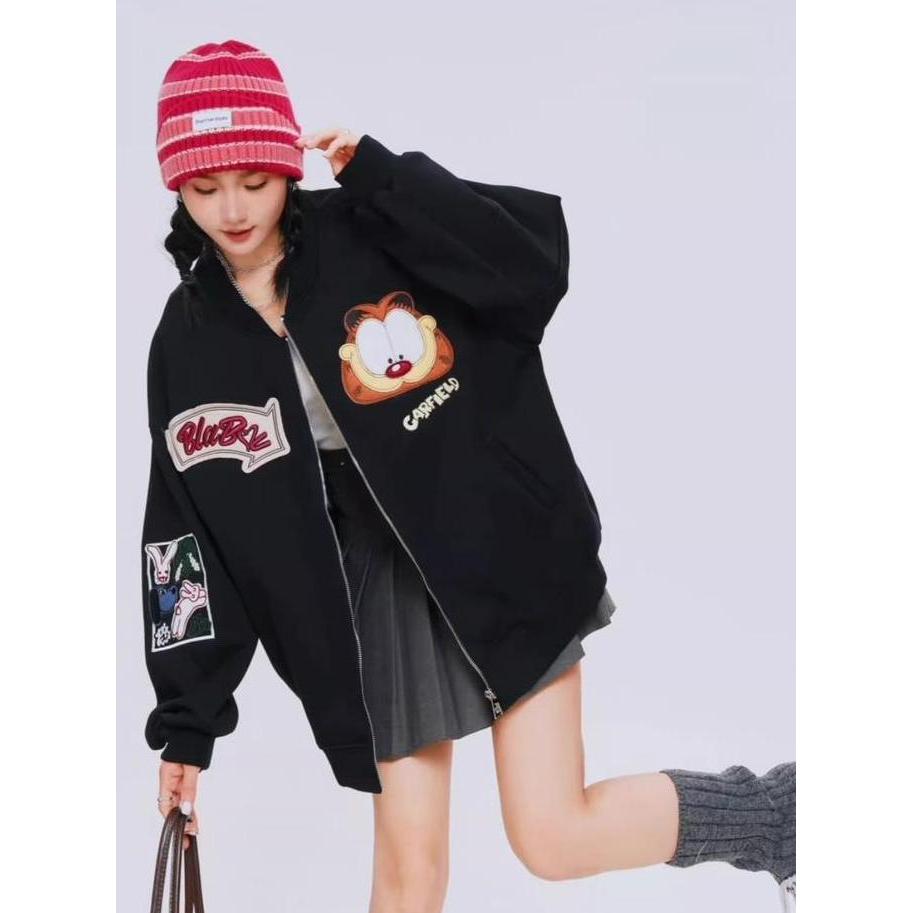 JAKET WANITA GARFIELD BOMBER VARSITY JACKET FLEECE TEBAL WANITA KOREAN STYLE Jaket Sweater