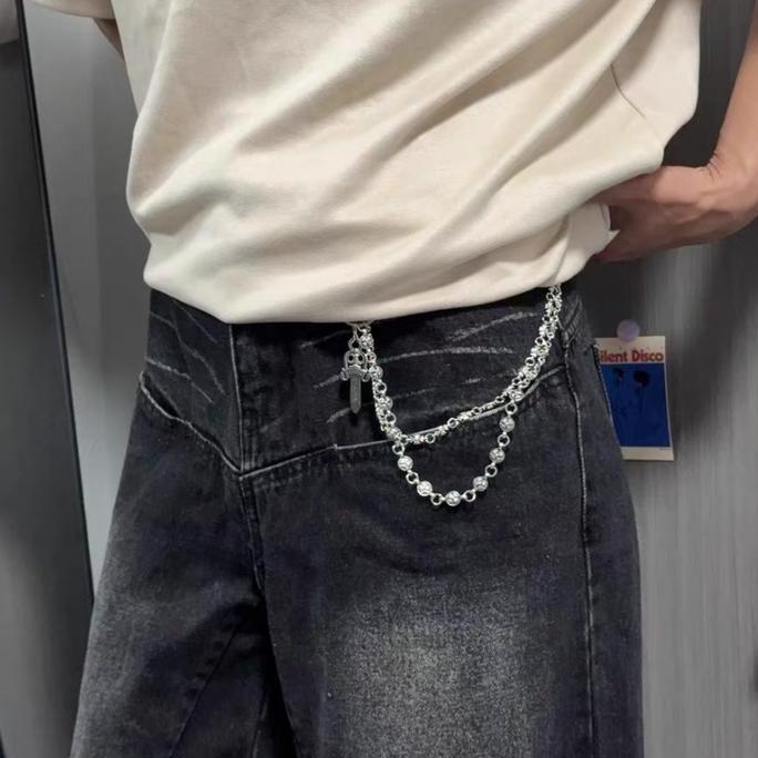 QUANXI Aksesoris Metal Gothic Tali Rantai Jeans Gaya Chrome Hearts dengan Liontin Salib Bola Pedang 