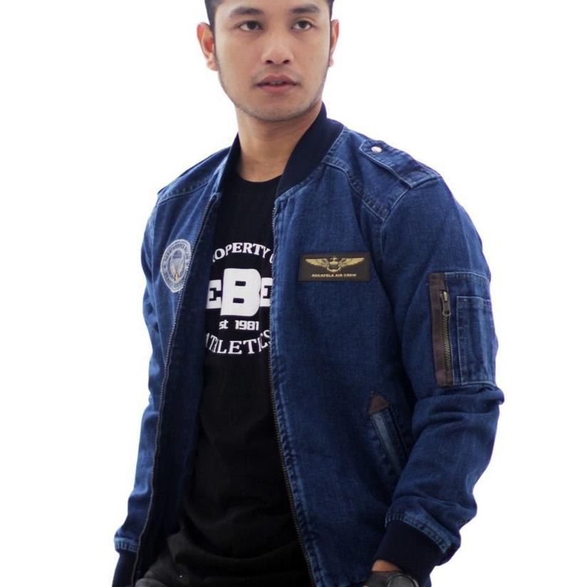 new jaket jeans bomber rocafela / jaket jeans pria bomber