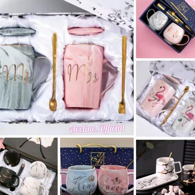 Aveline Hampers Gelas Marble Glass Couple / Canada Marble Mug Gift Box / Gelas Marble Tutup / Hamper