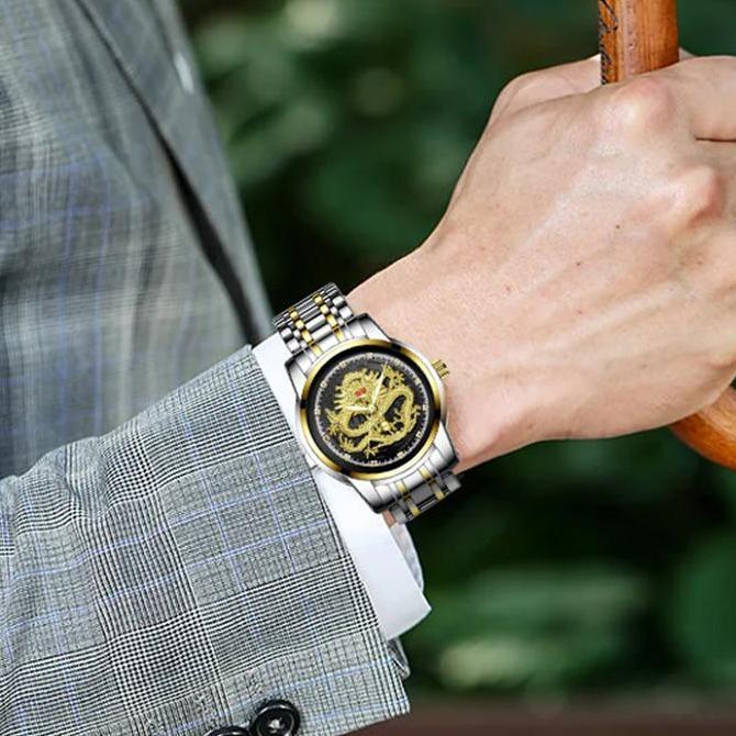 Horfa- Sunlifex Jam Tangan Pria Naga Emas Stainless Steel Dragon Gold Quartz