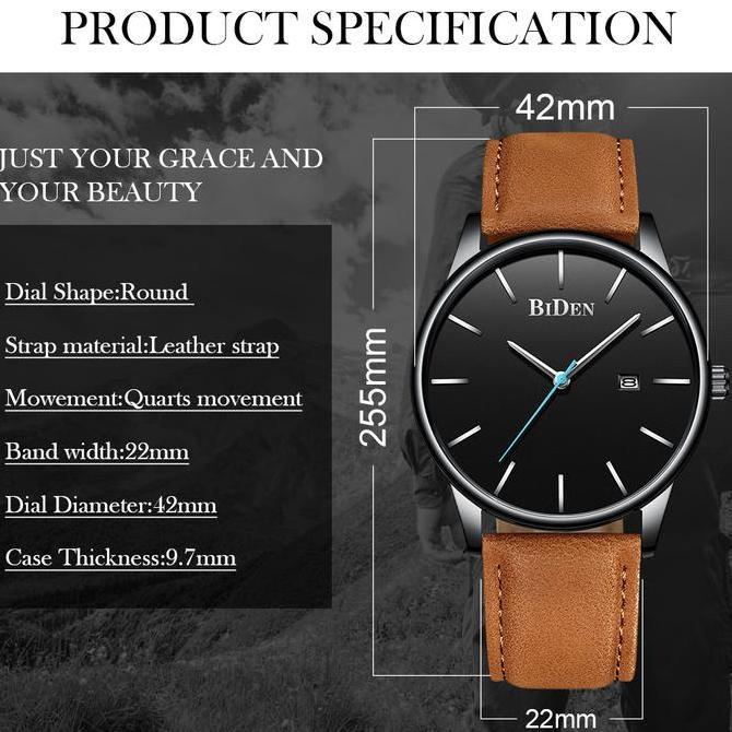 Orologio- Biden Jam Tangan Pria Anti Air Santai Olahraga Kuarsa Jam Tali Kulit Otomatis Date Yn0169