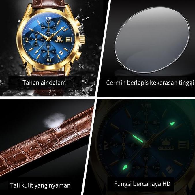 Orologio- Olevs Jam Tangan Pria Jam Tangan Kuarsa Analog Bercahaya Kronograf Tanggal Multifungsi Bis